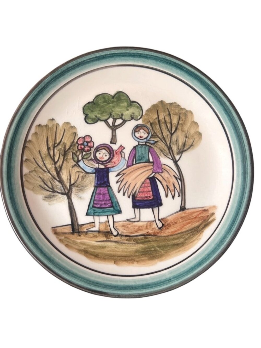 Signed Delphi Epsilon Plate 1996 Ceramic Wall 8" Folk Art Women Harvesting VTG